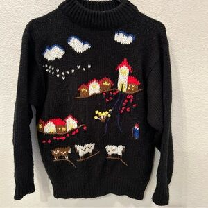 Vintage Black Chunky Knit Sweater Novelty Farm Barn Sheep Size Small Country
